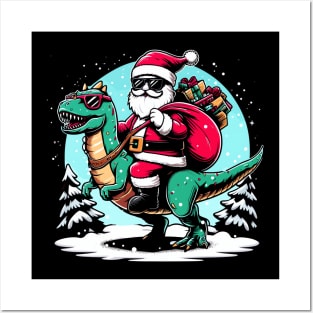 Funny Santa riding a Dinosaur with a bag of presents Posters and Art